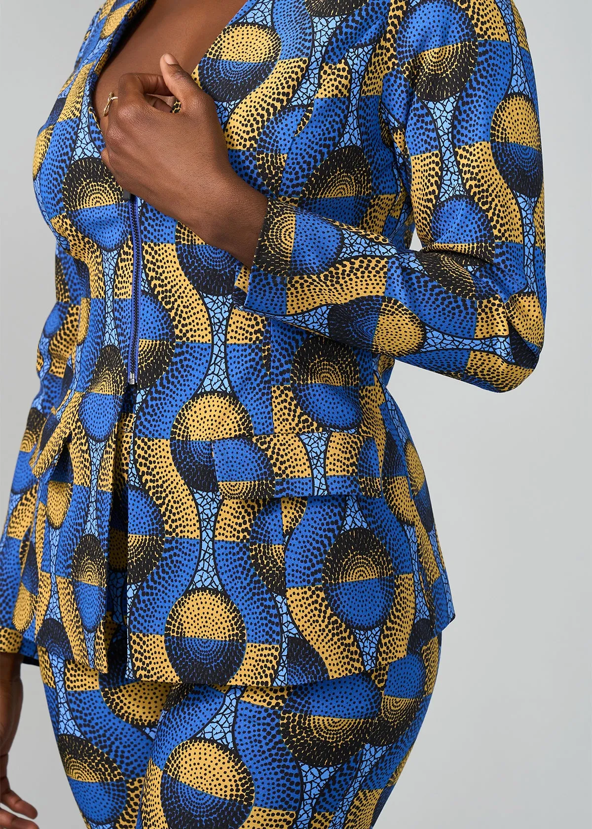 Fafa Women's African Print Stretch Zip-Up Blazer (Blue Gold Circles)