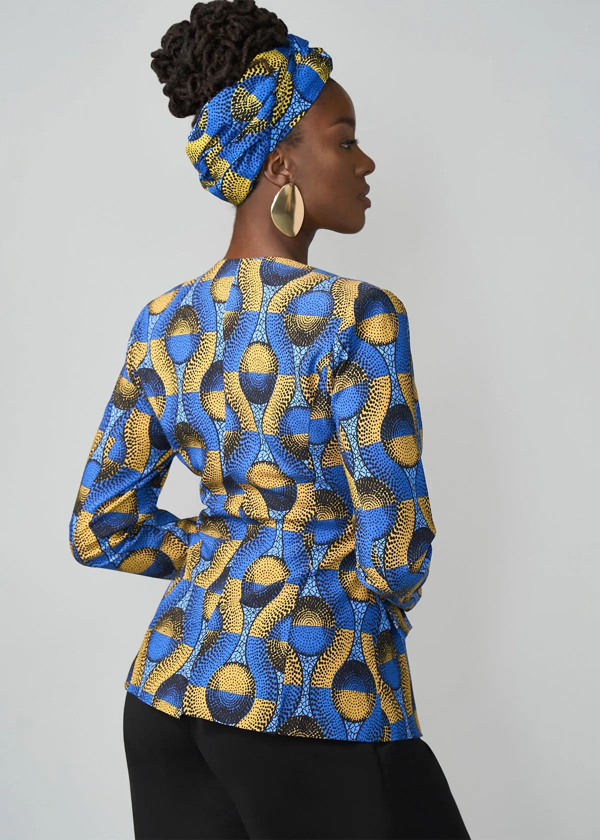 Fafa Women's African Print Stretch Zip-Up Blazer (Blue Gold Circles)