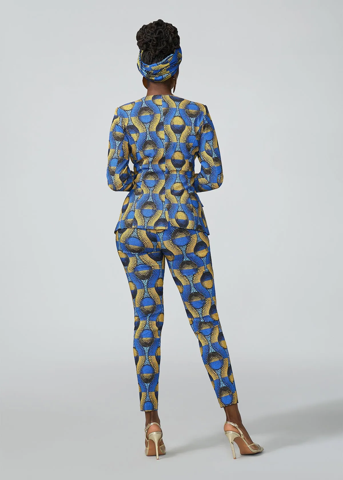 Fafa Women's African Print Stretch Zip-Up Blazer (Blue Gold Circles)