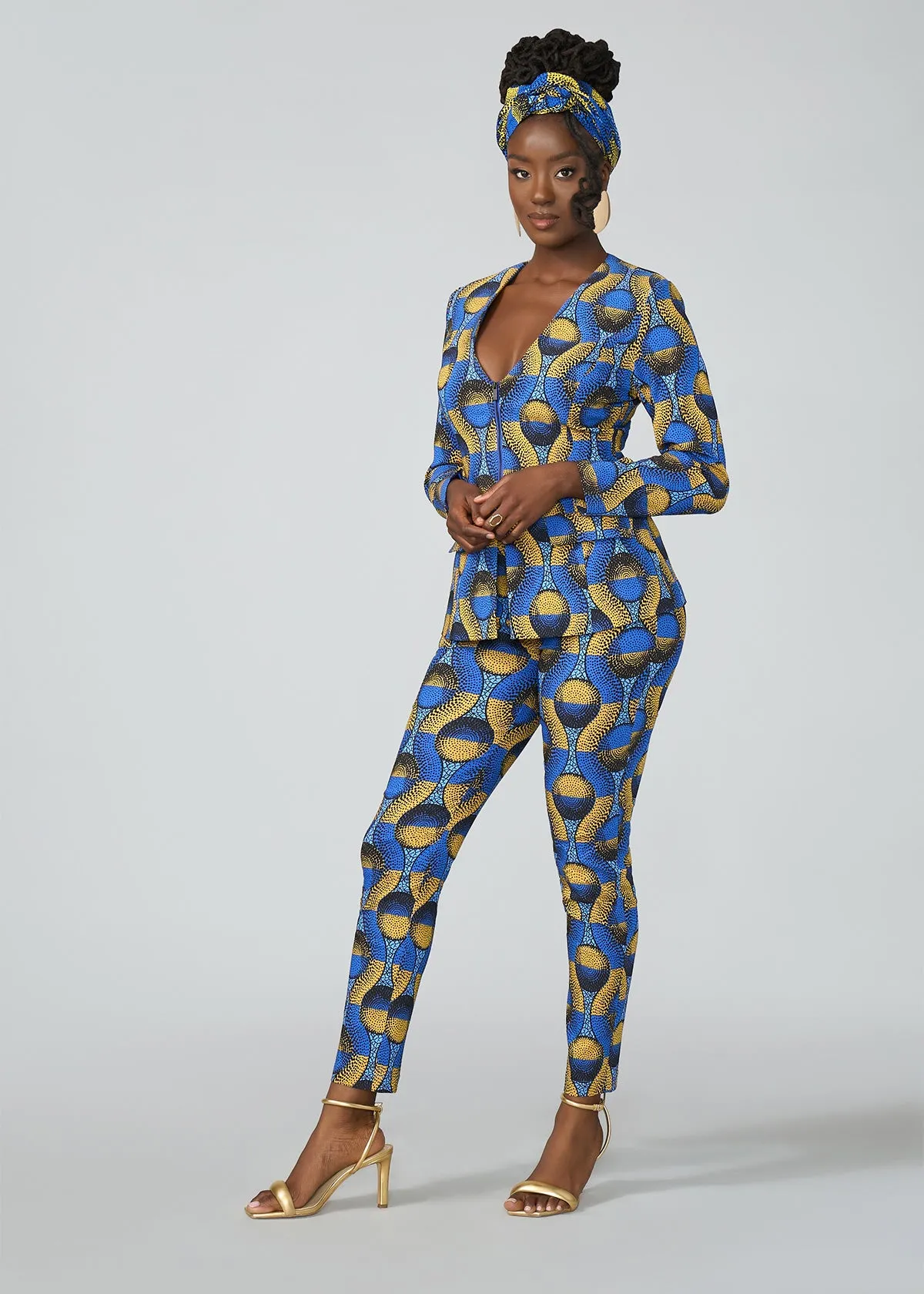 Fafa Women's African Print Stretch Zip-Up Blazer (Blue Gold Circles)