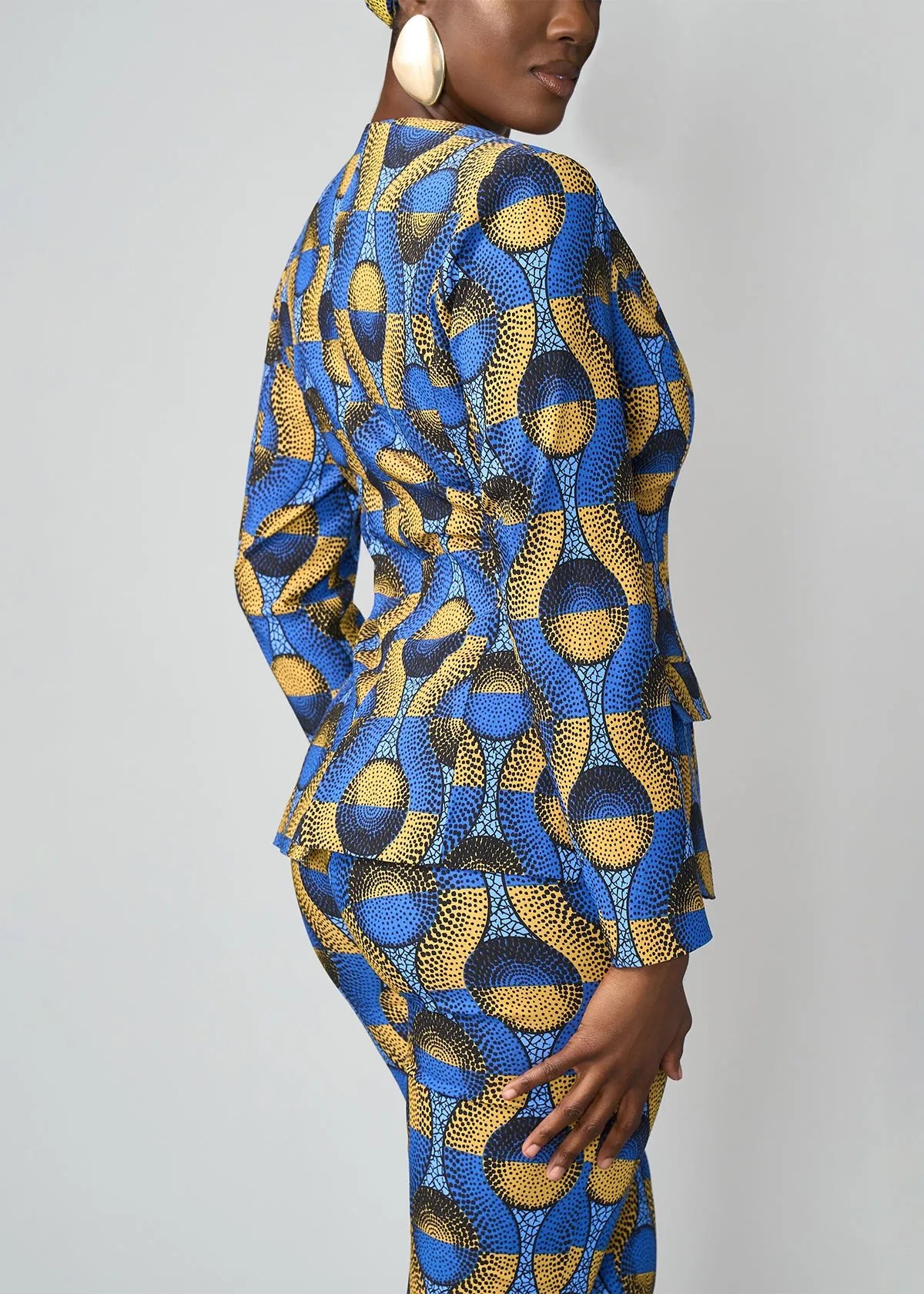 Fafa Women's African Print Stretch Zip-Up Blazer (Blue Gold Circles)