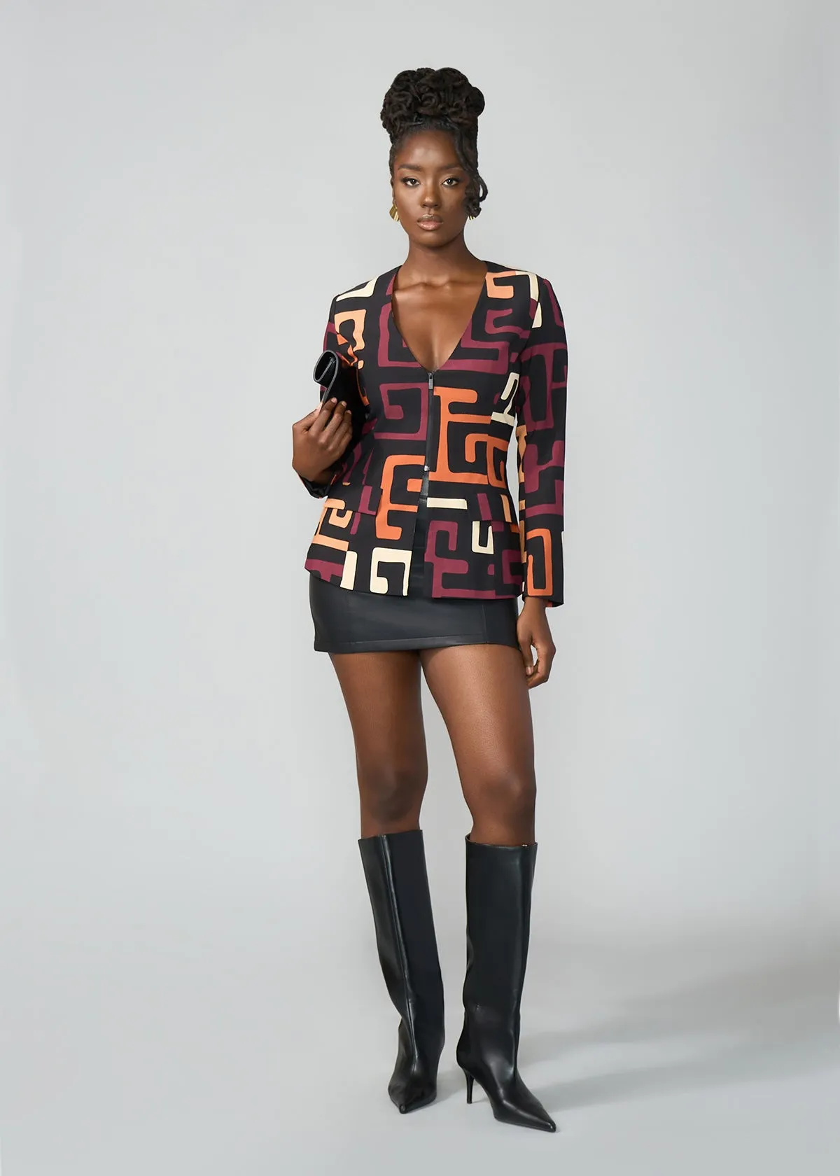 Fafa Women's African Print Stretch Zip-Up Blazer (Neutral Kuba Geometric)