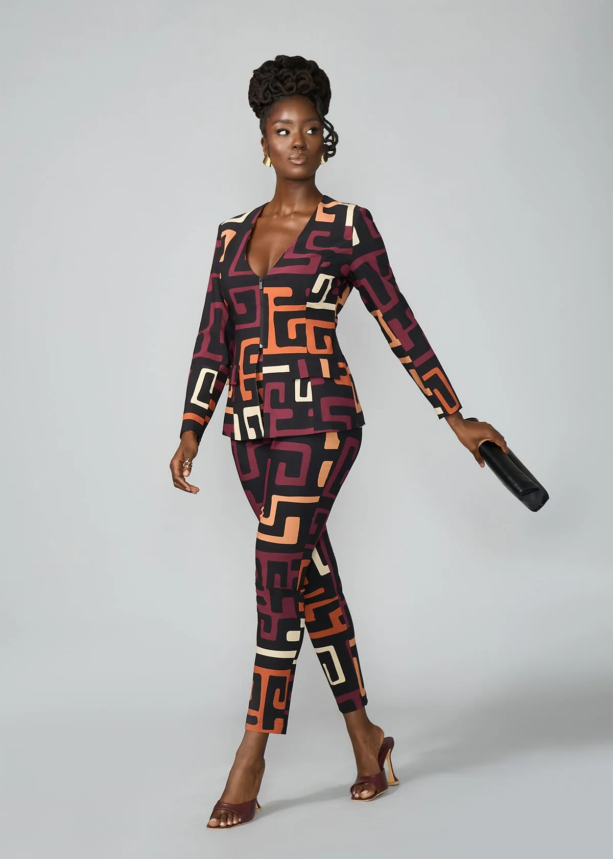 Fafa Women's African Print Stretch Zip-Up Blazer (Neutral Kuba Geometric)