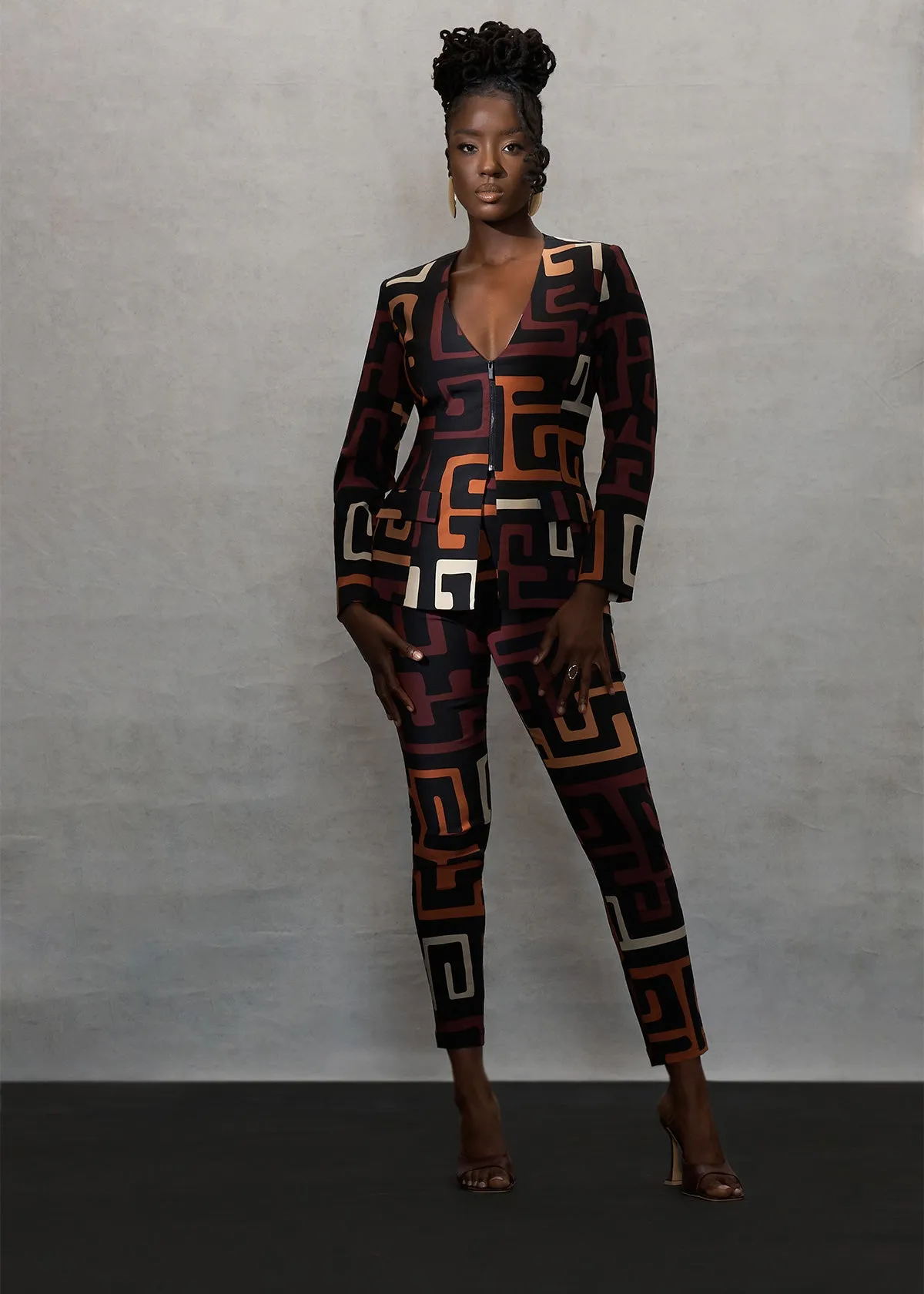 Fafa Women's African Print Stretch Zip-Up Blazer (Neutral Kuba Geometric)