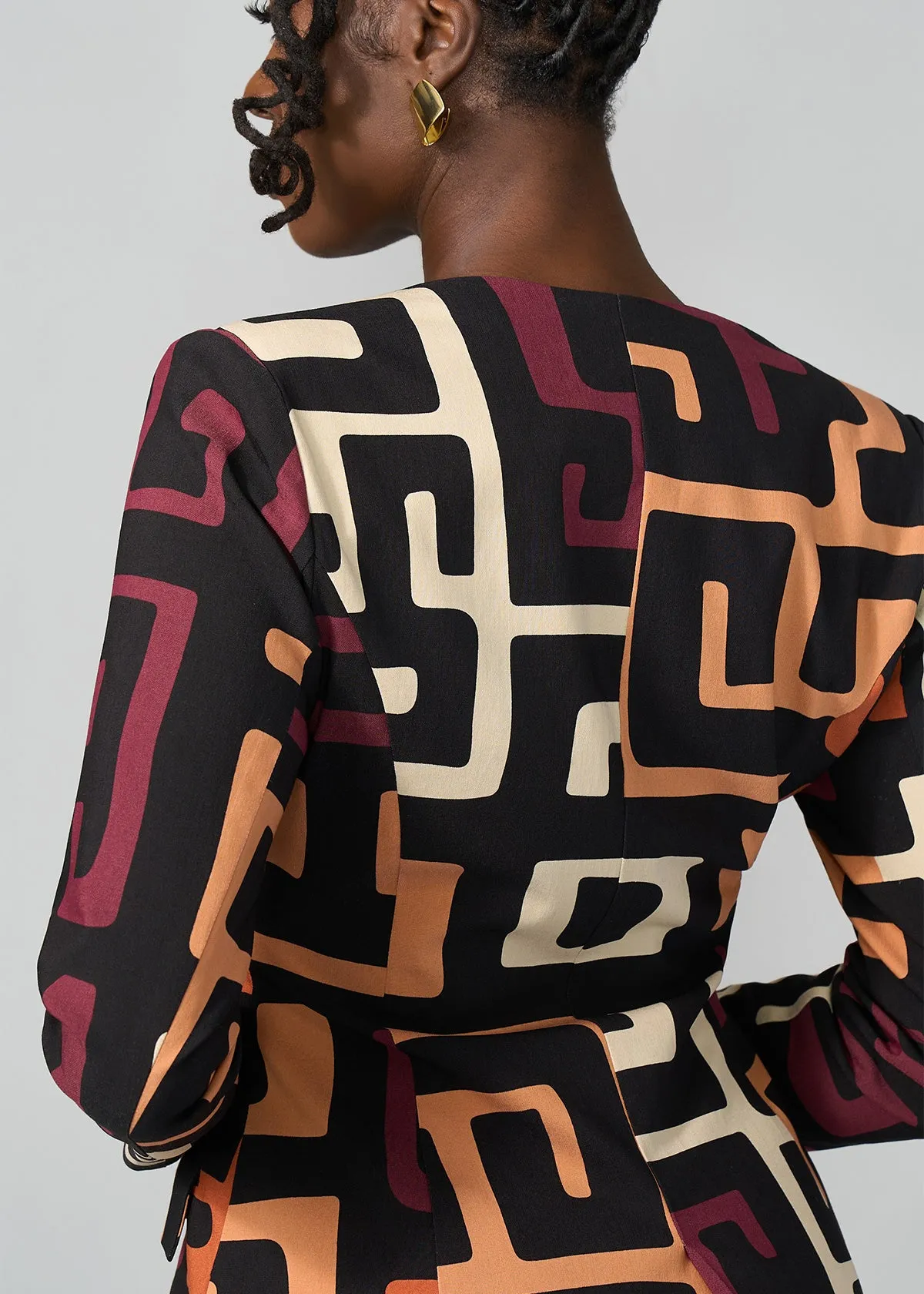 Fafa Women's African Print Stretch Zip-Up Blazer (Neutral Kuba Geometric)