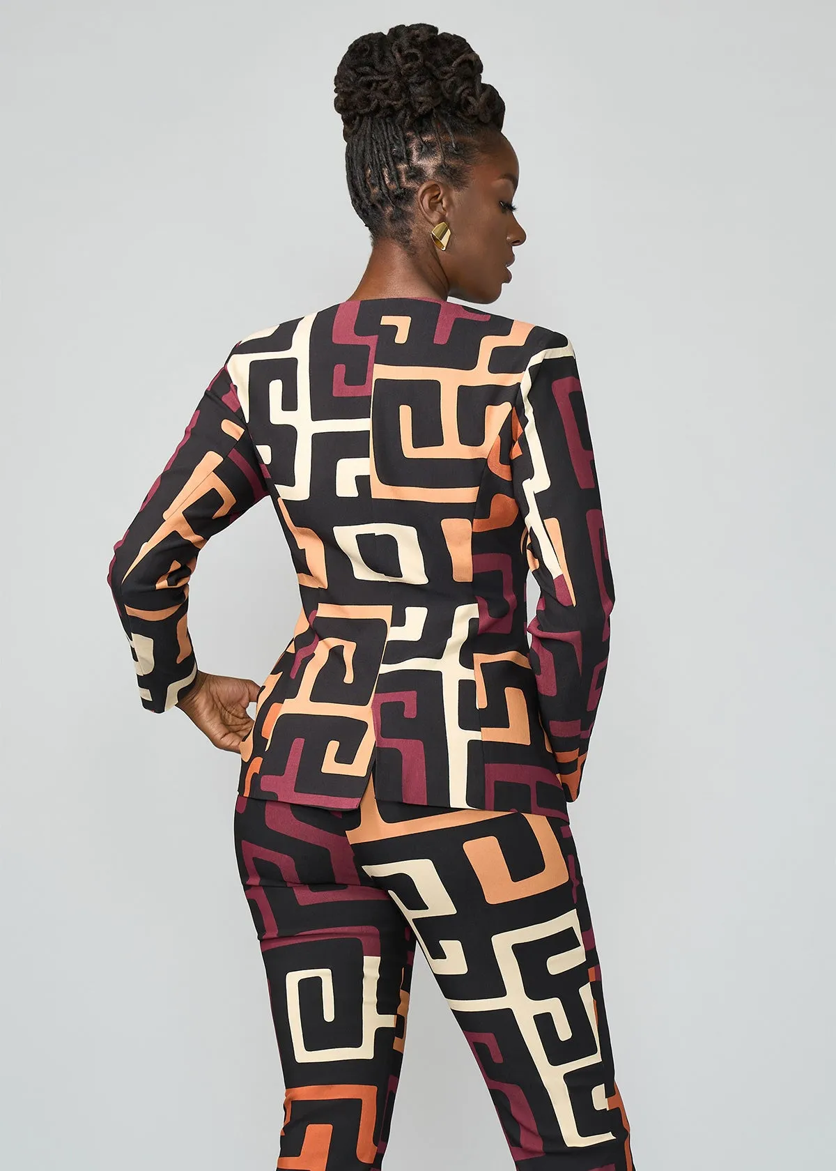 Fafa Women's African Print Stretch Zip-Up Blazer (Neutral Kuba Geometric)