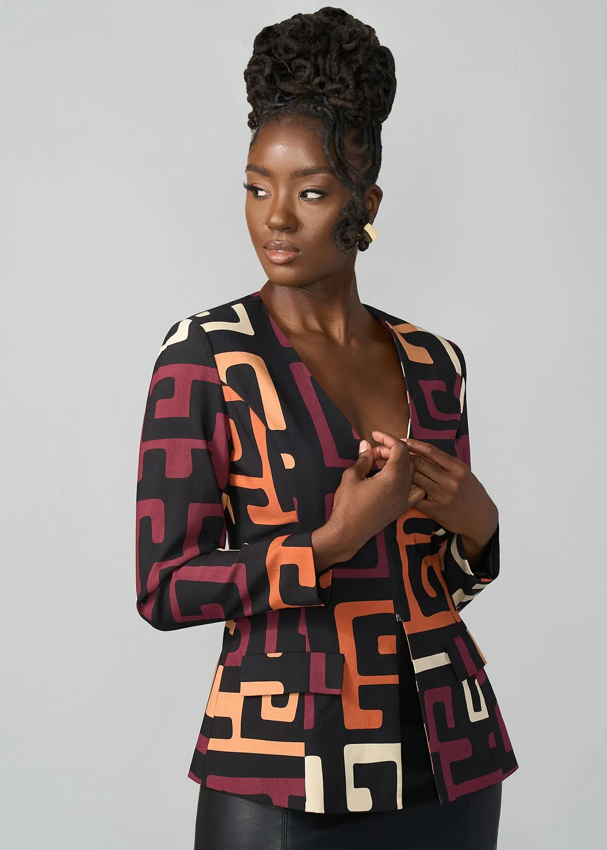 Fafa Women's African Print Stretch Zip-Up Blazer (Neutral Kuba Geometric)
