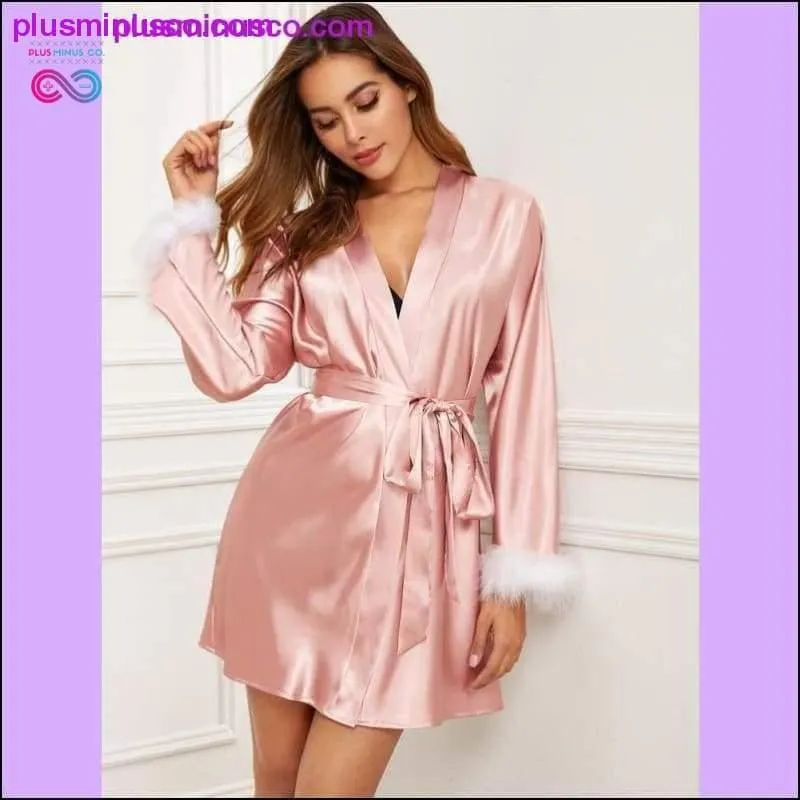 Faux Fur Trim Satin Robe Sexy Ladies Bathrobe Pink Belted