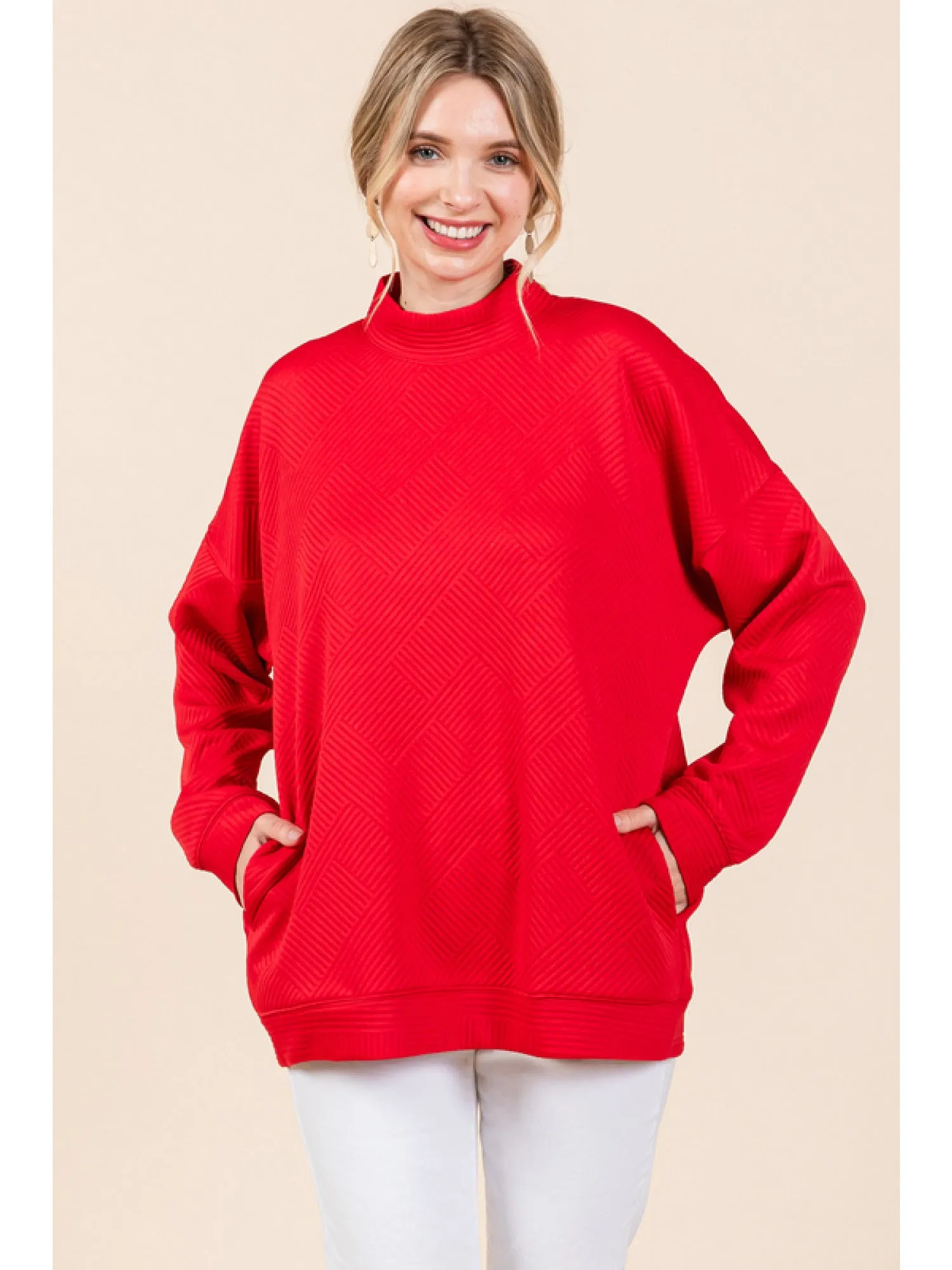Felicity Textured Mock Neck Top - Red
