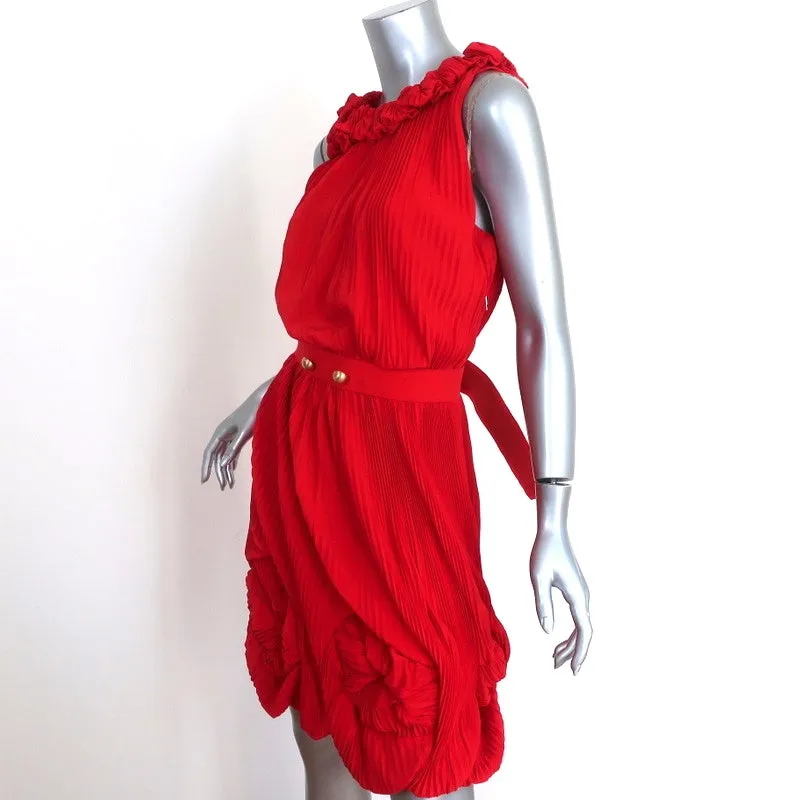 Fendi Dress Red Accordion Pleated Silk Size 40 Sleeveless Belted