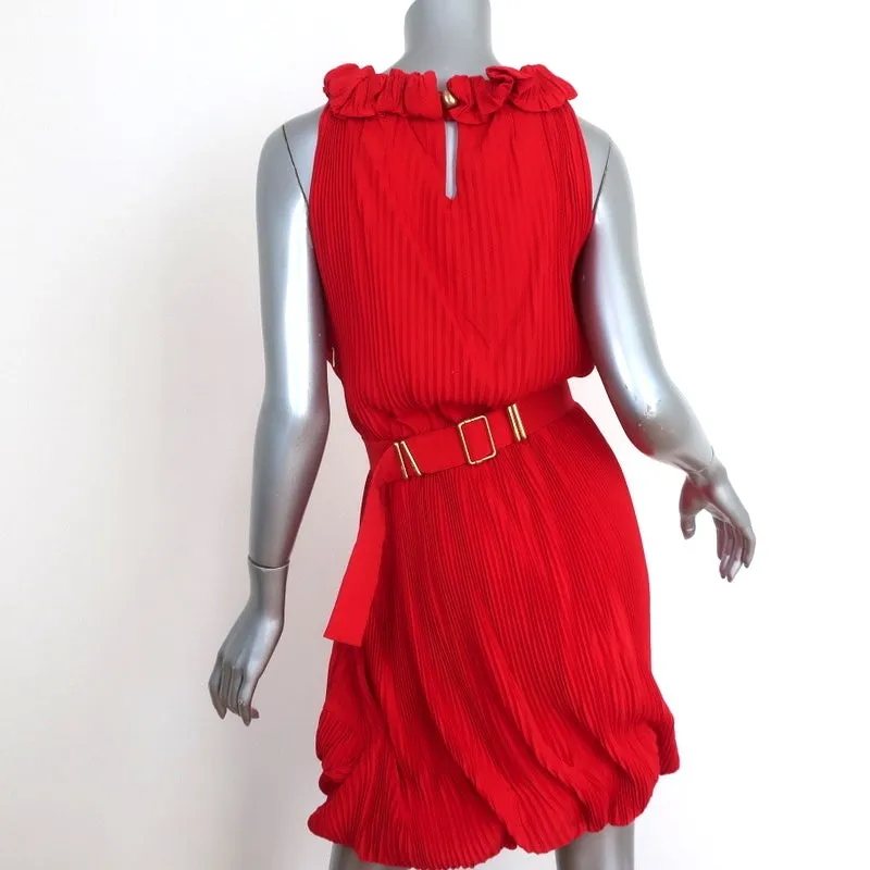 Fendi Dress Red Accordion Pleated Silk Size 40 Sleeveless Belted