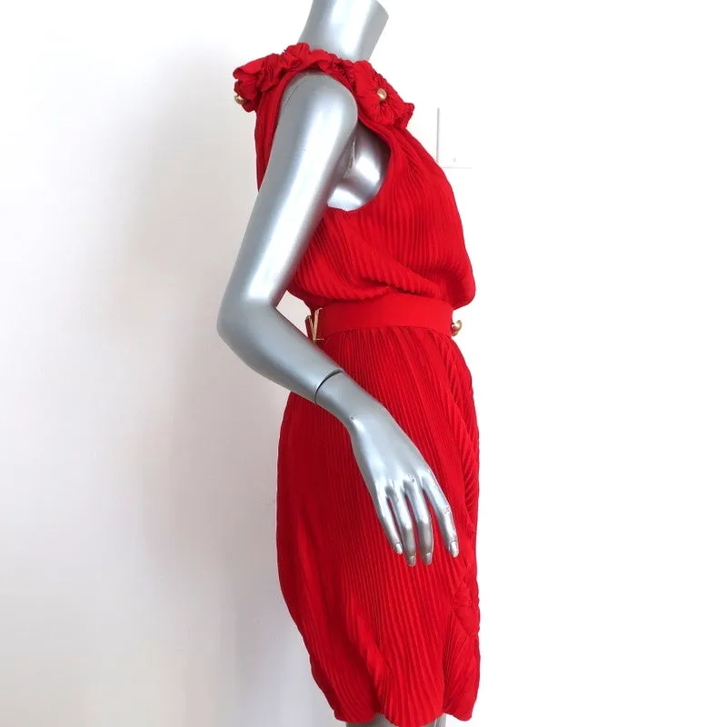 Fendi Dress Red Accordion Pleated Silk Size 40 Sleeveless Belted