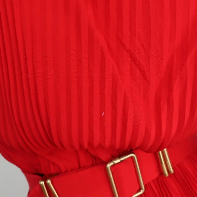 Fendi Dress Red Accordion Pleated Silk Size 40 Sleeveless Belted