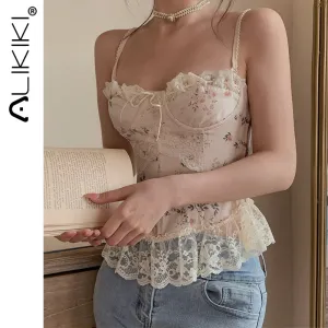 Floral Bustier Crop Top Women Sleeveless Sexy Corset Vintage Sweet