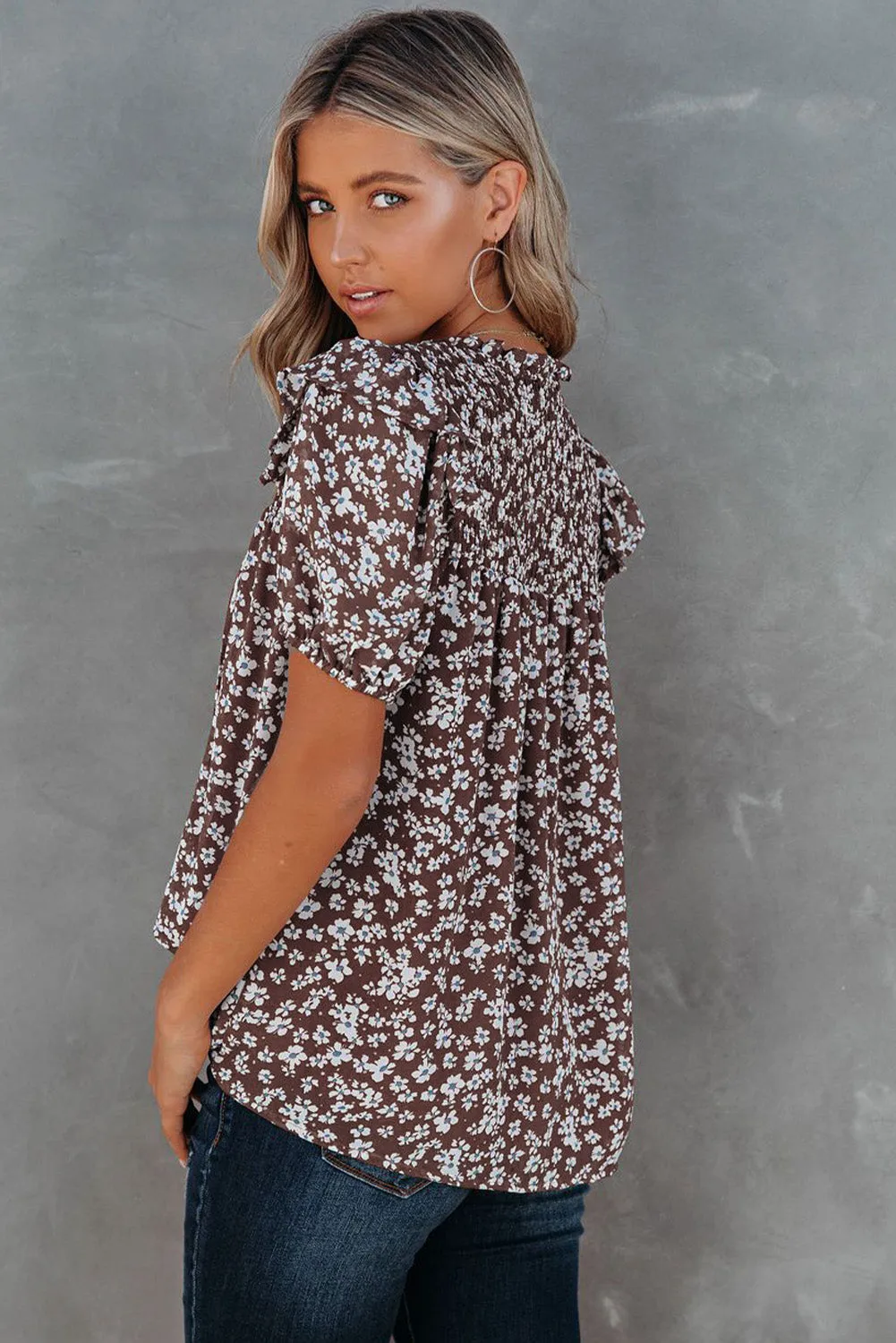 Floral Print Smocked Ruffled V Neck T-shirt
