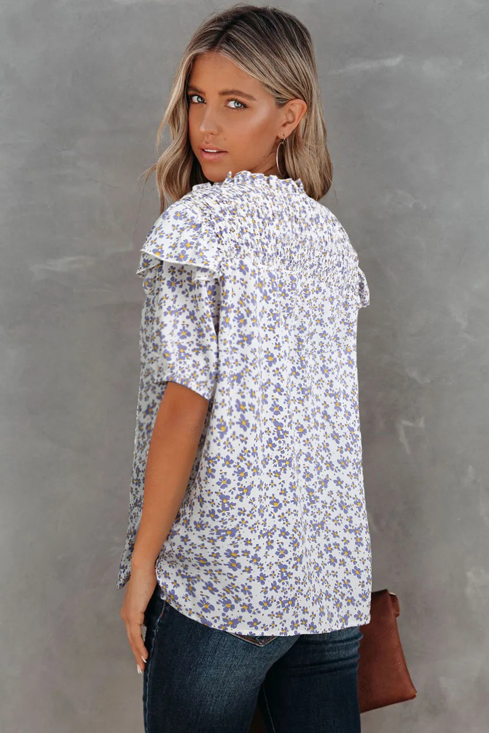 Floral Print Smocked Ruffled V Neck T-shirt