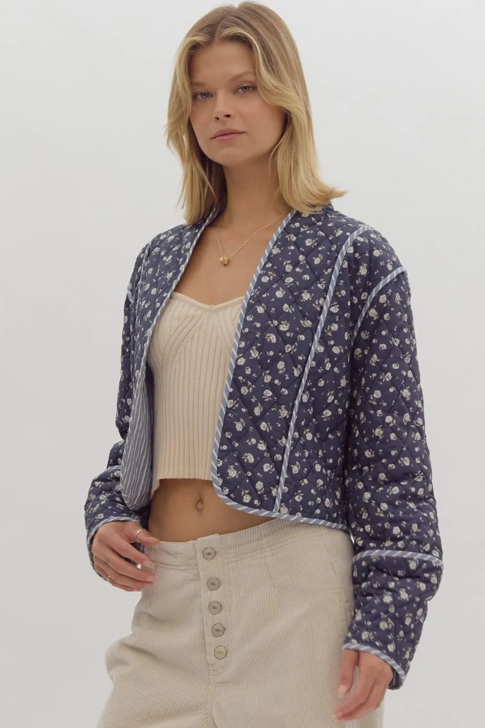 Floral Quilted Long Sleeve Jacket {Dark Navy}