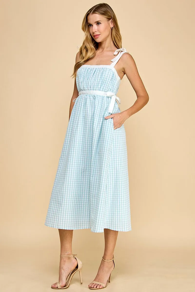Gingham Ruched Bust High Waist Midi Dress