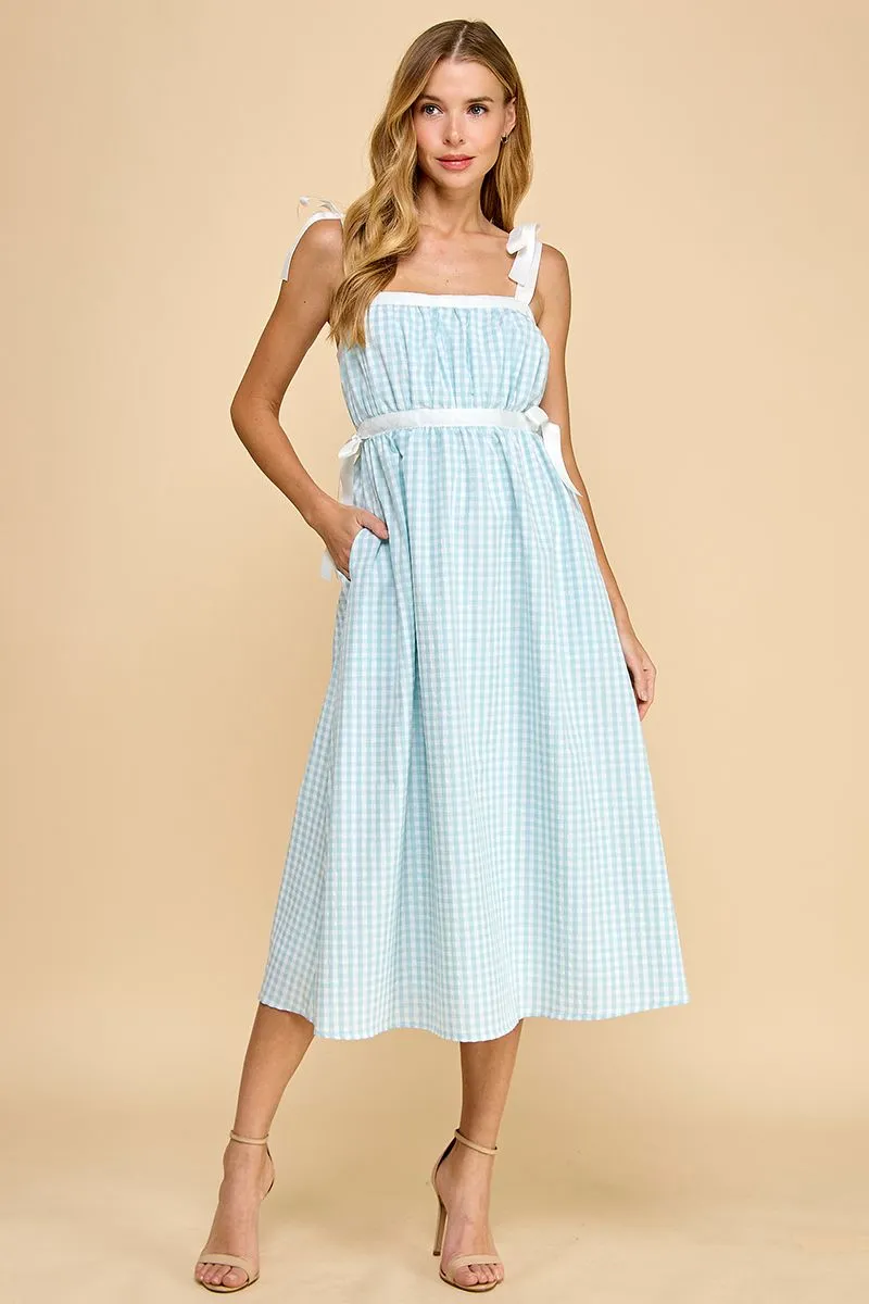 Gingham Ruched Bust High Waist Midi Dress