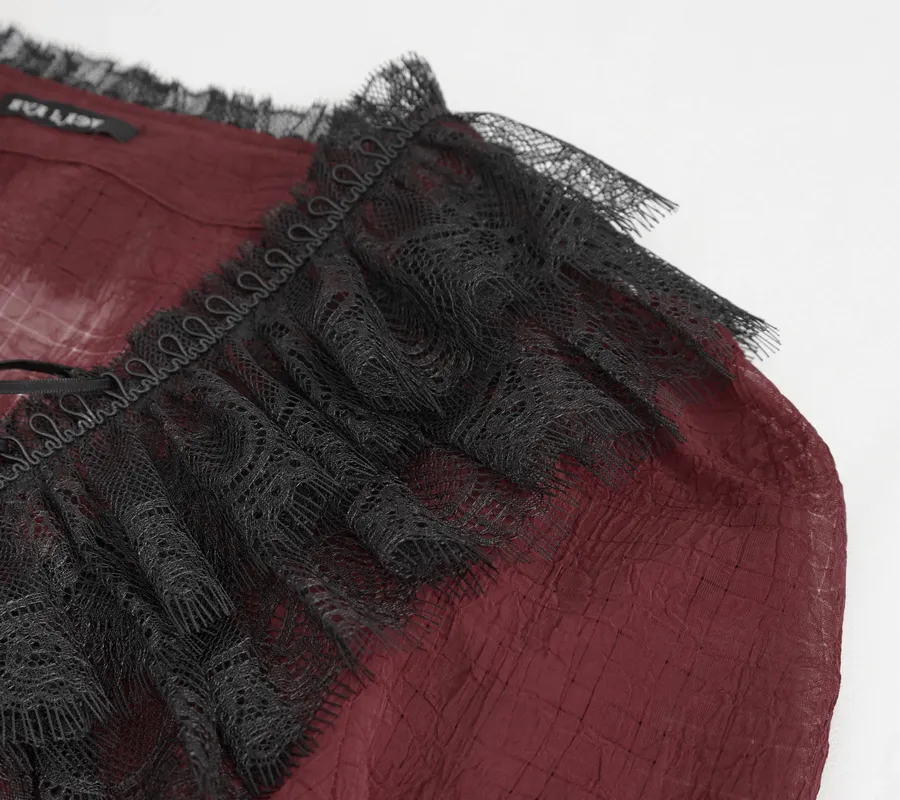 Gothic Wine Red Ruffle Top with Black Lace / Female Long Sleeves Top