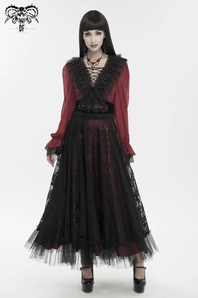Gothic Wine Red Ruffle Top with Black Lace / Female Long Sleeves Top
