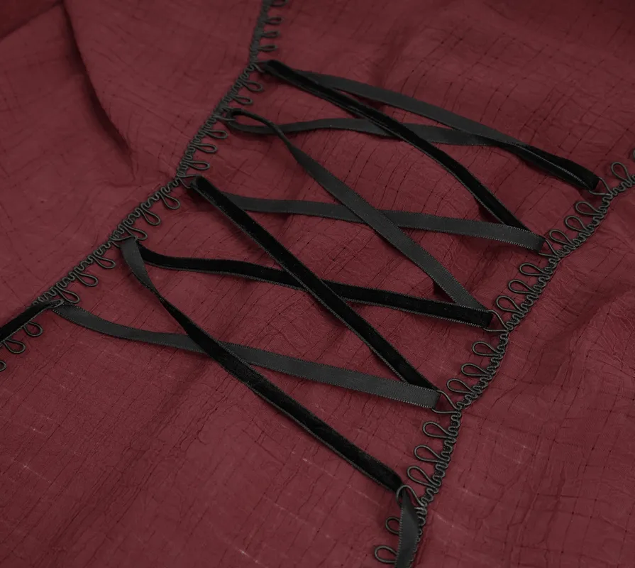 Gothic Wine Red Ruffle Top with Black Lace / Female Long Sleeves Top