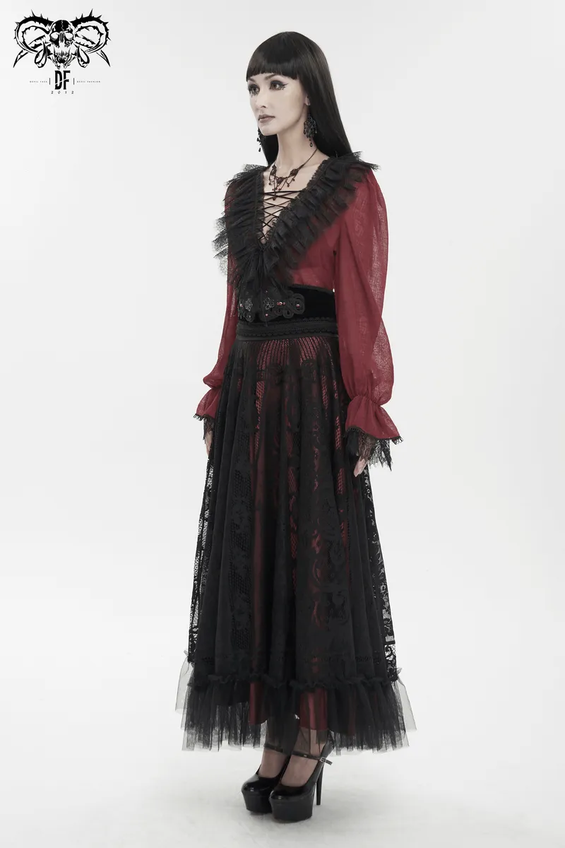 Gothic Wine Red Ruffle Top with Black Lace / Female Long Sleeves Top