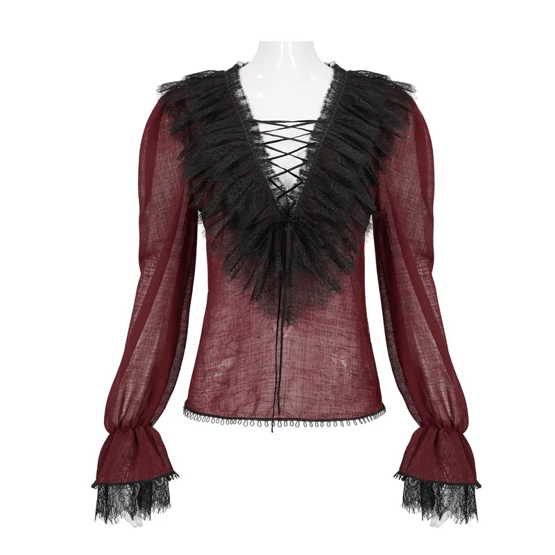 Gothic Wine Red Ruffle Top with Black Lace / Female Long Sleeves Top