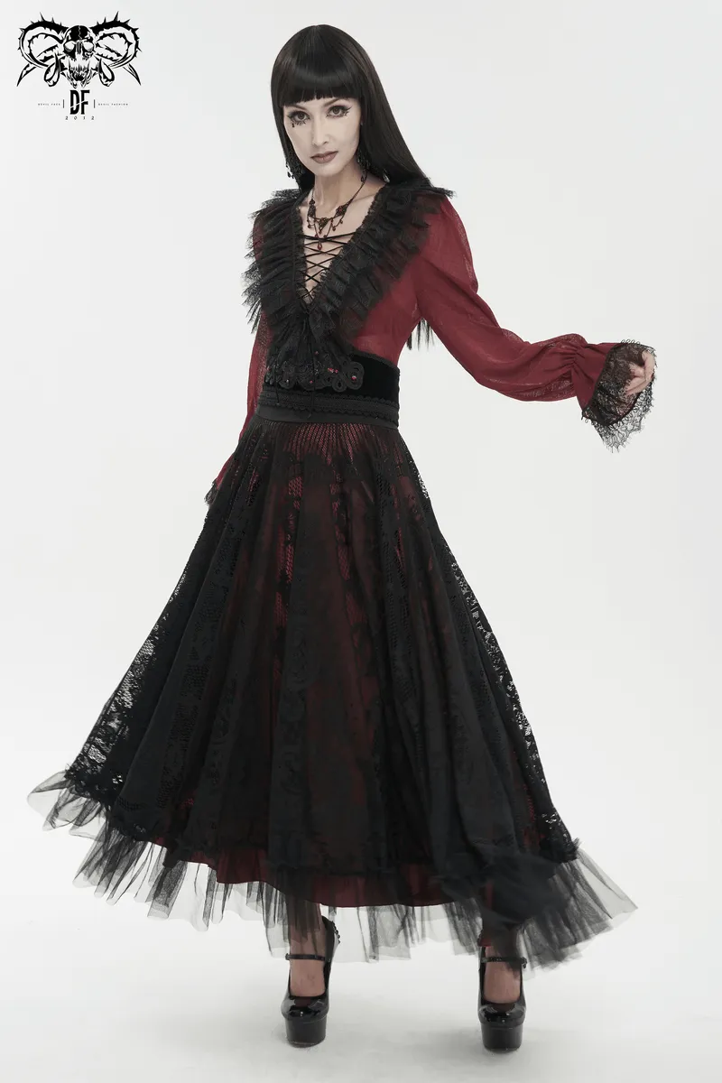 Gothic Wine Red Ruffle Top with Black Lace / Female Long Sleeves Top