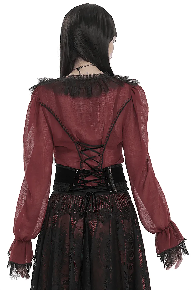 Gothic Wine Red Ruffle Top with Black Lace / Female Long Sleeves Top