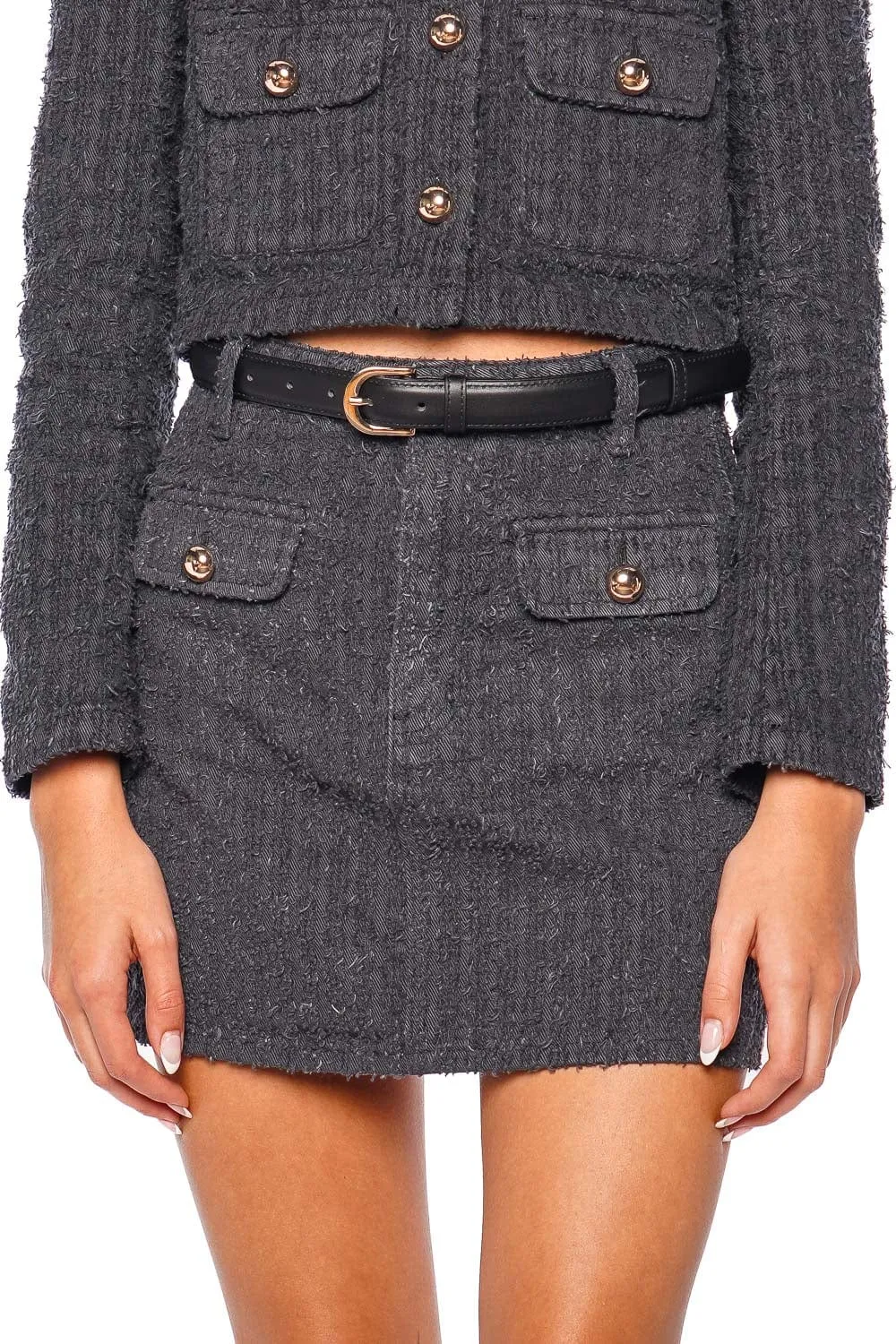 Grey Textured Denim Mini Skirt