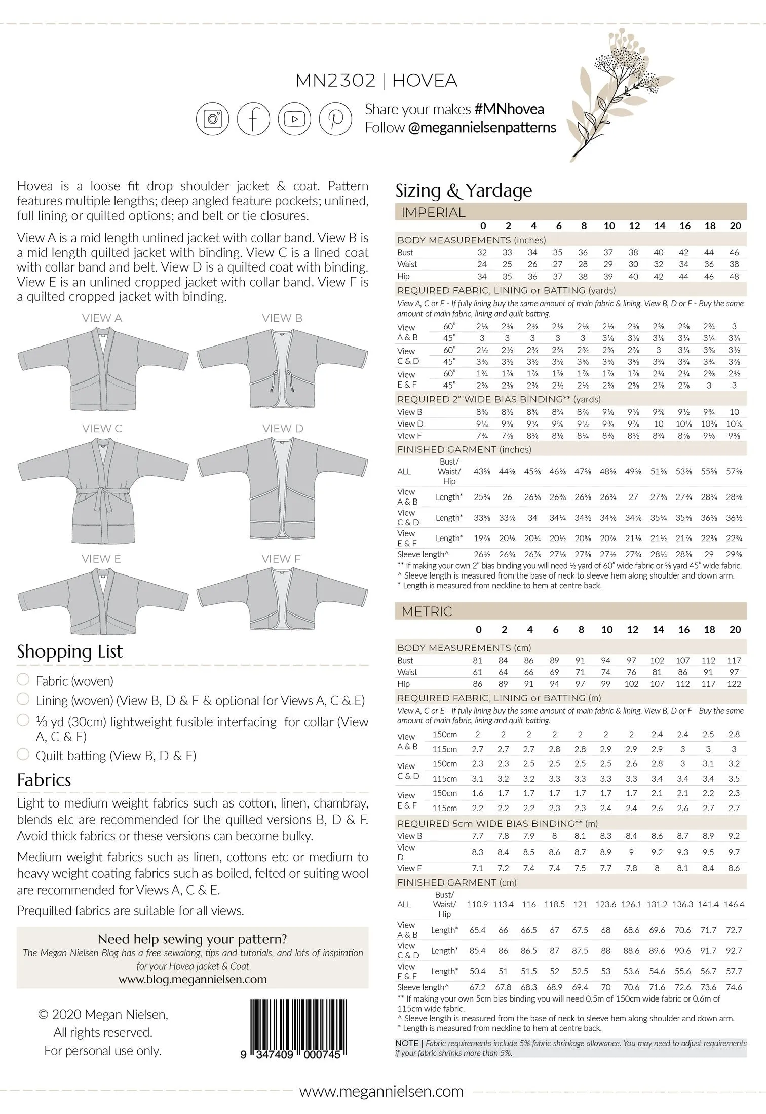 Hovea Jacket & Coat SEWING PATTERN by Megan Nielsen