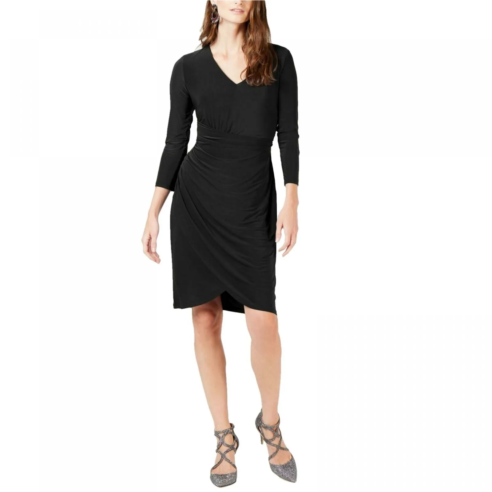 INC International Concepts Women's Ruched V-Neck 3/4-Sleeve Dress
