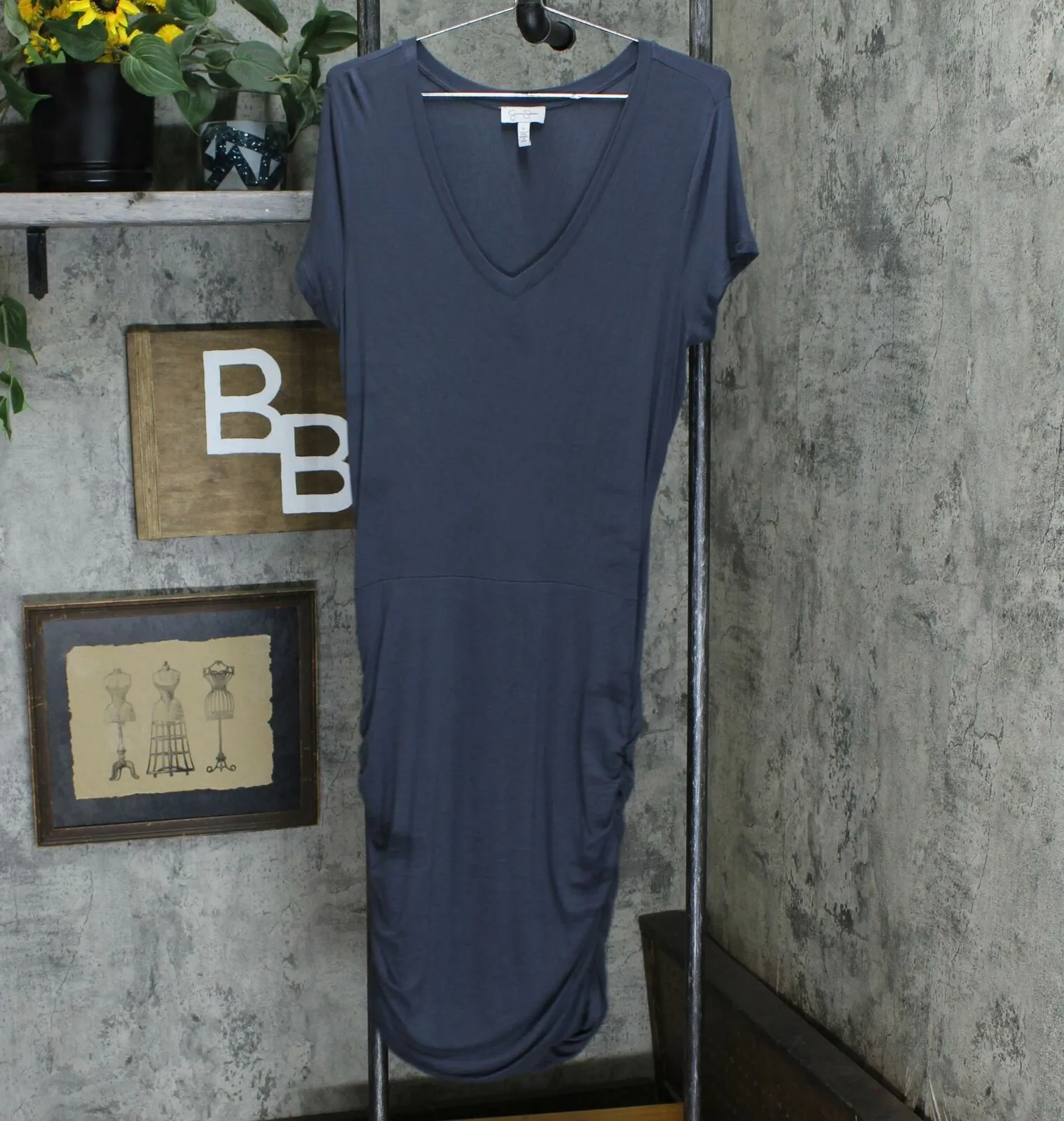 Jessica Simpson Women's Stretch Ruched V Neck Dress Charcoal Large