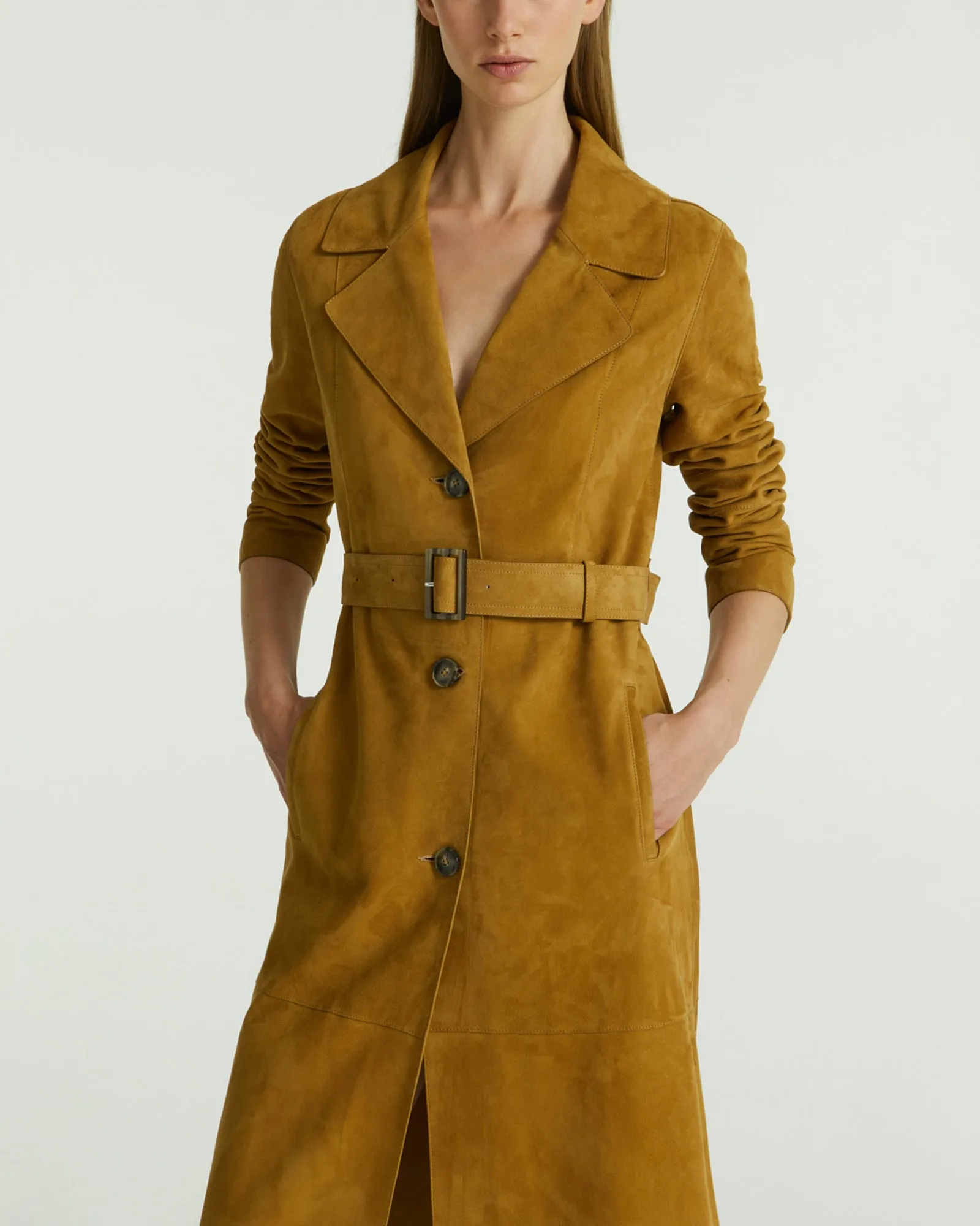 Long belted coat in double-sided velour lamb leather
