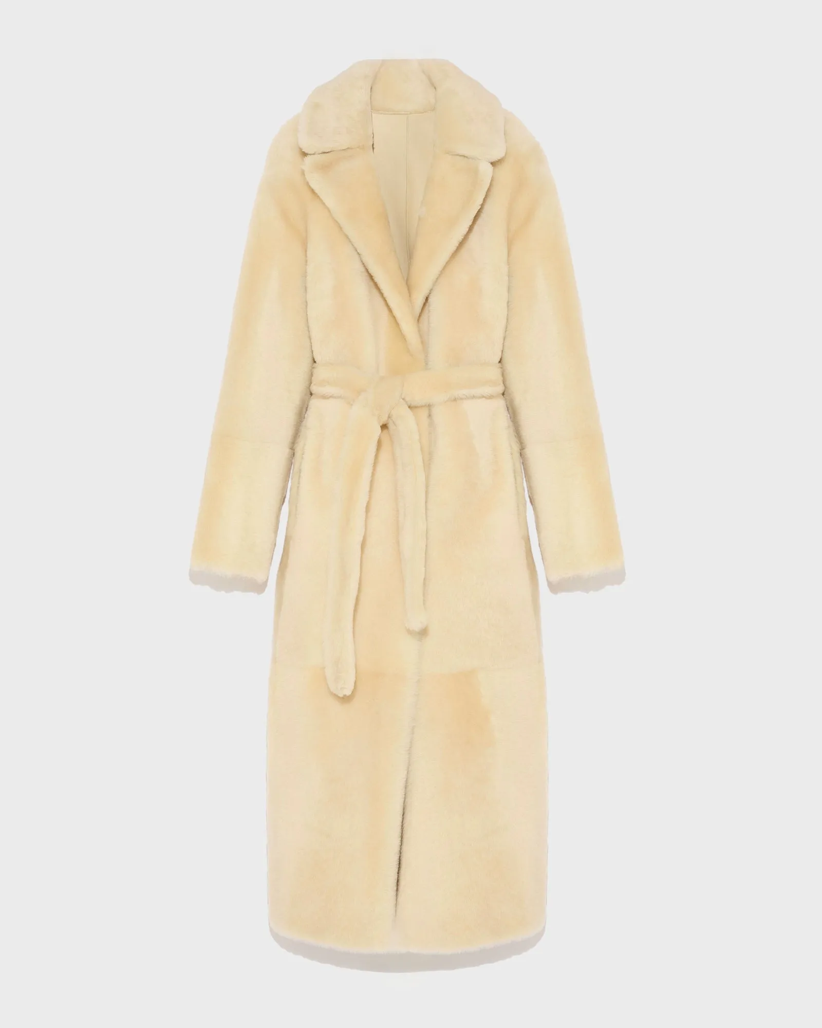Long reversible belted shearling coat