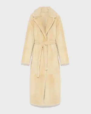 Long reversible belted shearling coat
