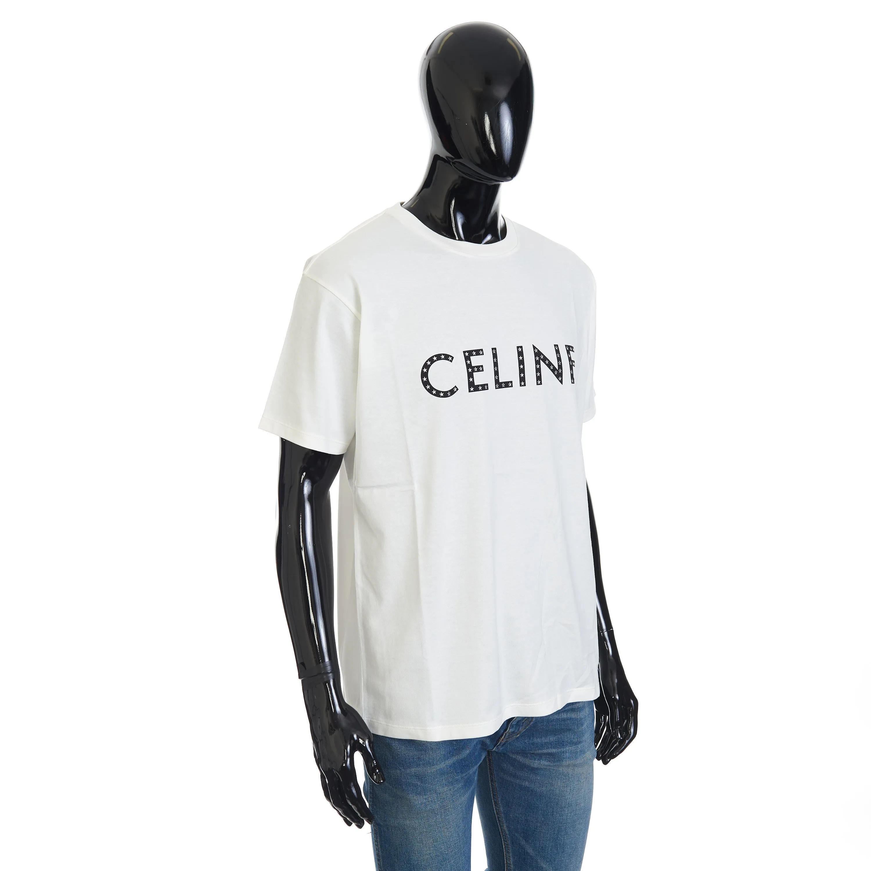 Loose T-Shirt w/ Rhinestone-Studded Logo Print In White Cotton Jersey