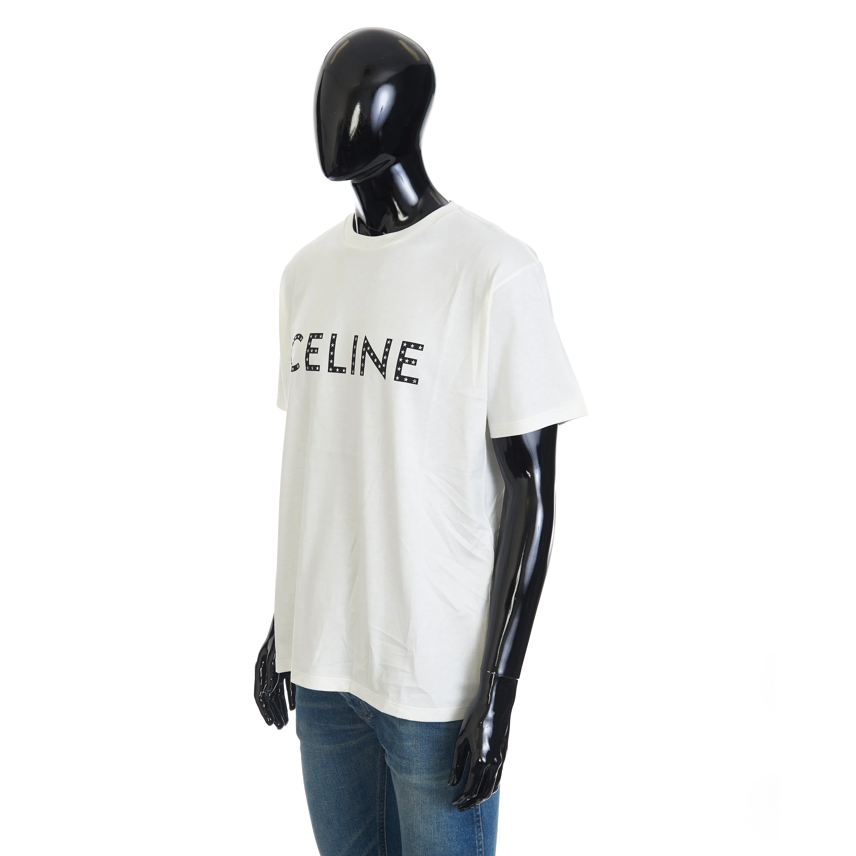 Loose T-Shirt w/ Rhinestone-Studded Logo Print In White Cotton Jersey