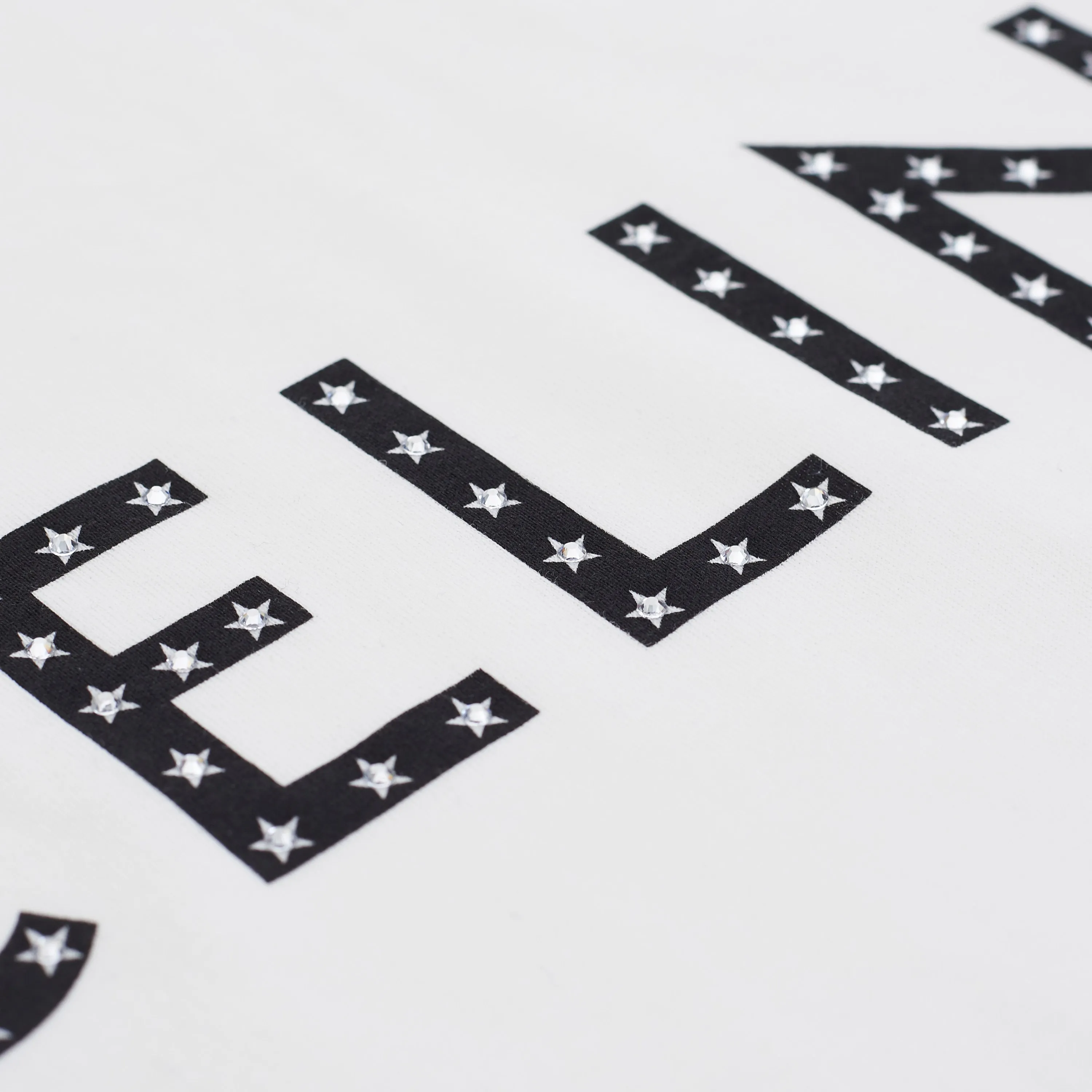 Loose T-Shirt w/ Rhinestone-Studded Logo Print In White Cotton Jersey
