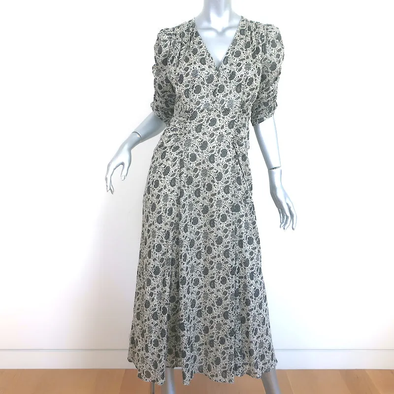 Masscob Ruched Sleeve Maxi Dress Cream/Black Floral Print Cotton Size Large