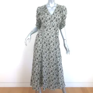 Masscob Ruched Sleeve Maxi Dress Cream/Black Floral Print Cotton Size Large