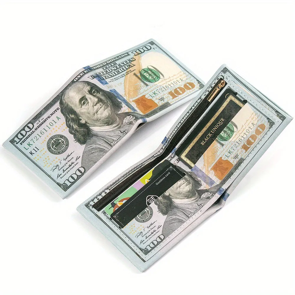 Men's Stylish Dollar-Patterned Bifold Wallet - Durable PU Leather with Multiple Card Slots, Secure Zipper Coin Pocket - Ideal Gift for Daily Use & Special Occasions