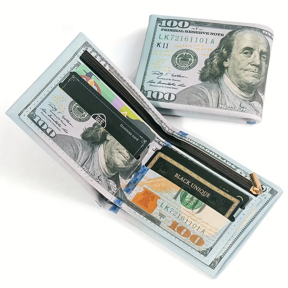 Men's Stylish Dollar-Patterned Bifold Wallet - Durable PU Leather with Multiple Card Slots, Secure Zipper Coin Pocket - Ideal Gift for Daily Use & Special Occasions