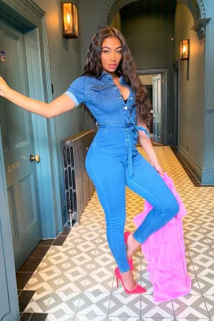 Mid Blue Denim Short Sleeve Button Up Belted Waist Boilersuit - Stevie