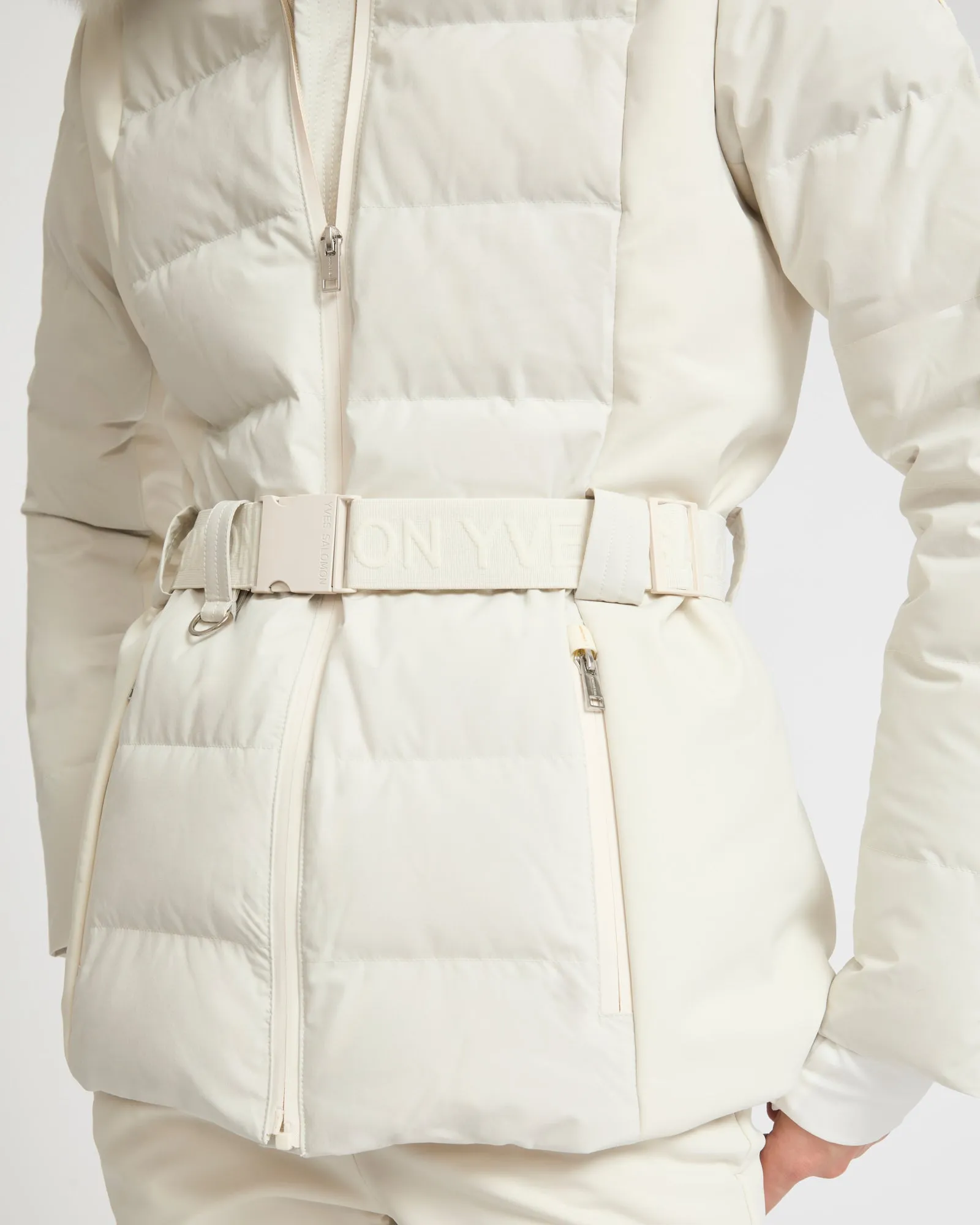 Mixed fabric belted ski jacket with fox fur trim