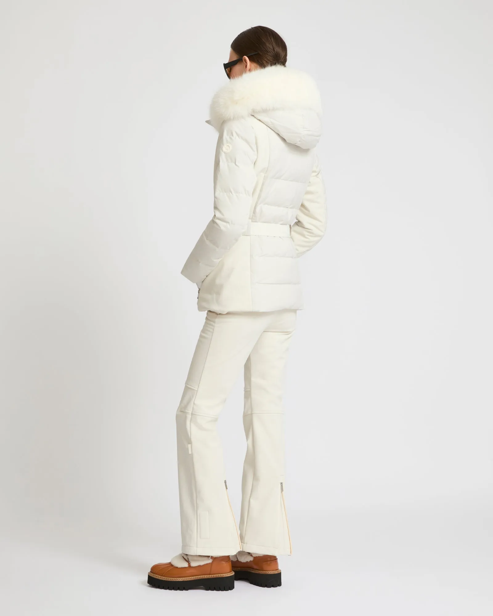 Mixed fabric belted ski jacket with fox fur trim