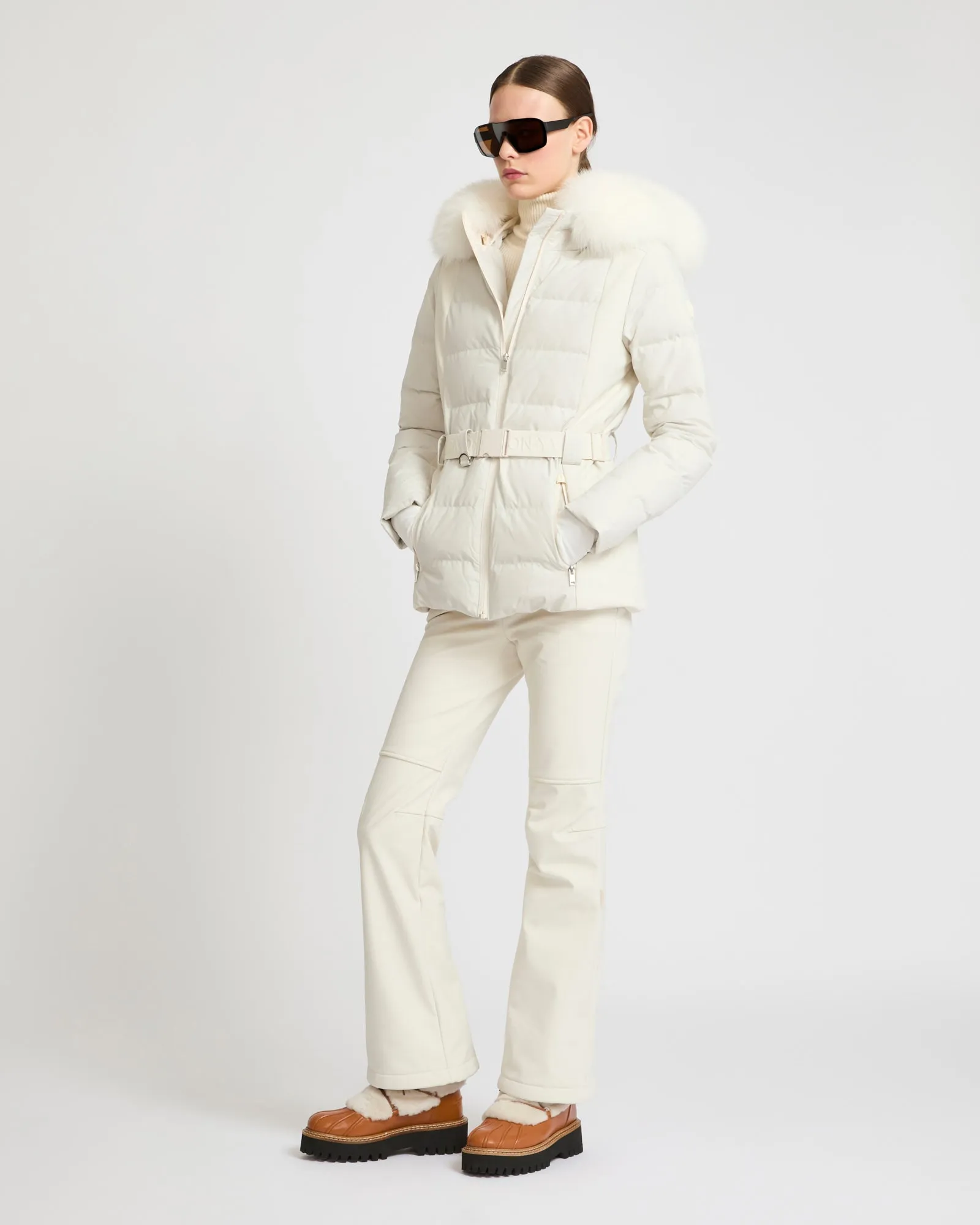 Mixed fabric belted ski jacket with fox fur trim