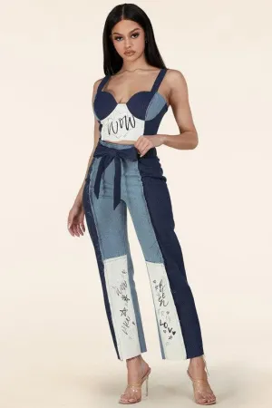 MUITI DENIM 2PCS BUSTIER CROP TOP AND PANT SET