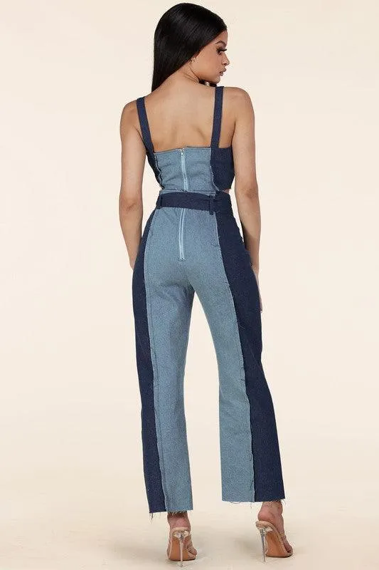 MUITI DENIM 2PCS BUSTIER CROP TOP AND PANT SET
